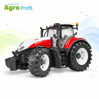 Ciągnik Steyr 6300 Terrus CVT Bruder 03180 z czerwono-białą maską, jasnymi felgami i przednim obciążnikiem