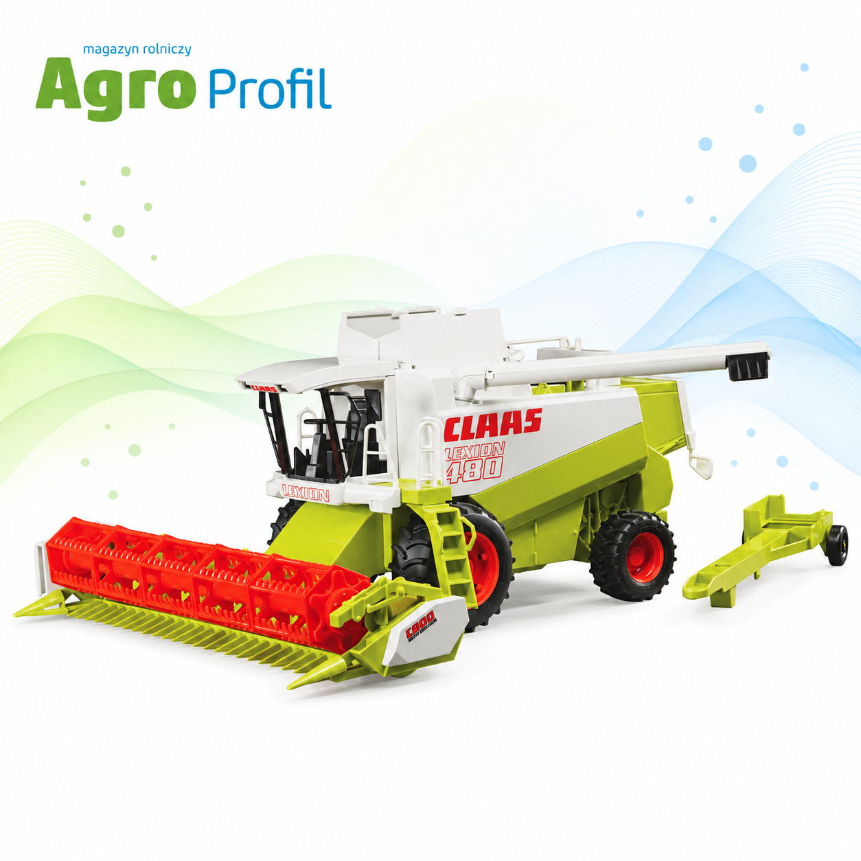Kombajn Claas Lexion 480 Bruder 02120 z zamontowanym hederem i wózkiem do jego przewozu