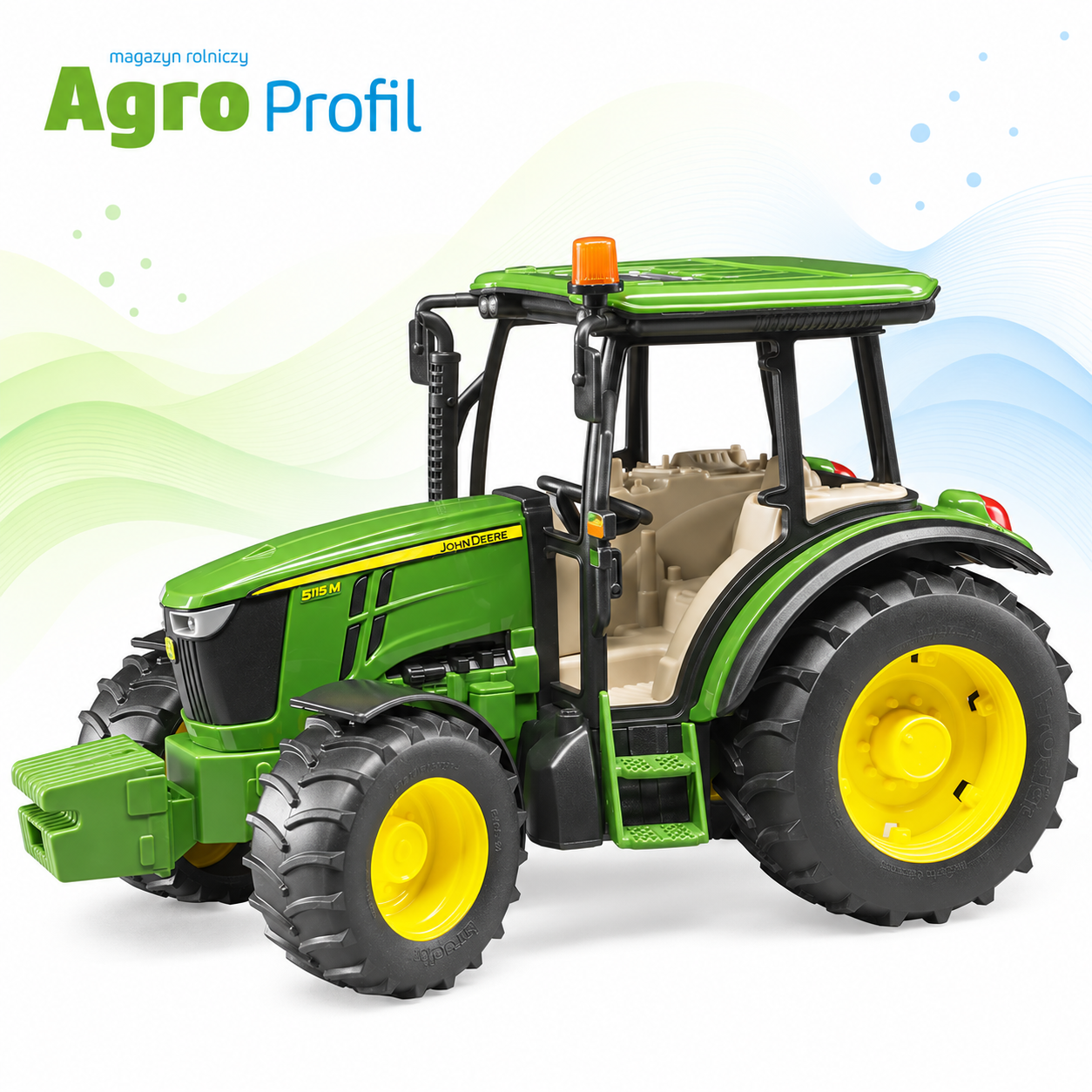 Zielony ciągnik John Deere 5115M Bruder 02106 z przednim obciążnikiem, skala 1:16