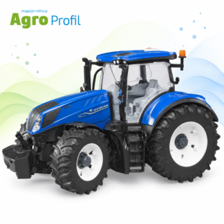 Niebieski ciągnik New Holland T7 Bruder 03120 ze zdejmowanymi kołami, jasnymi felgami i przednim obciążnikiem